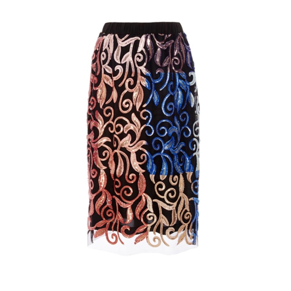 Clover Canyon Black and Blue Embroidered Pencil Skirt